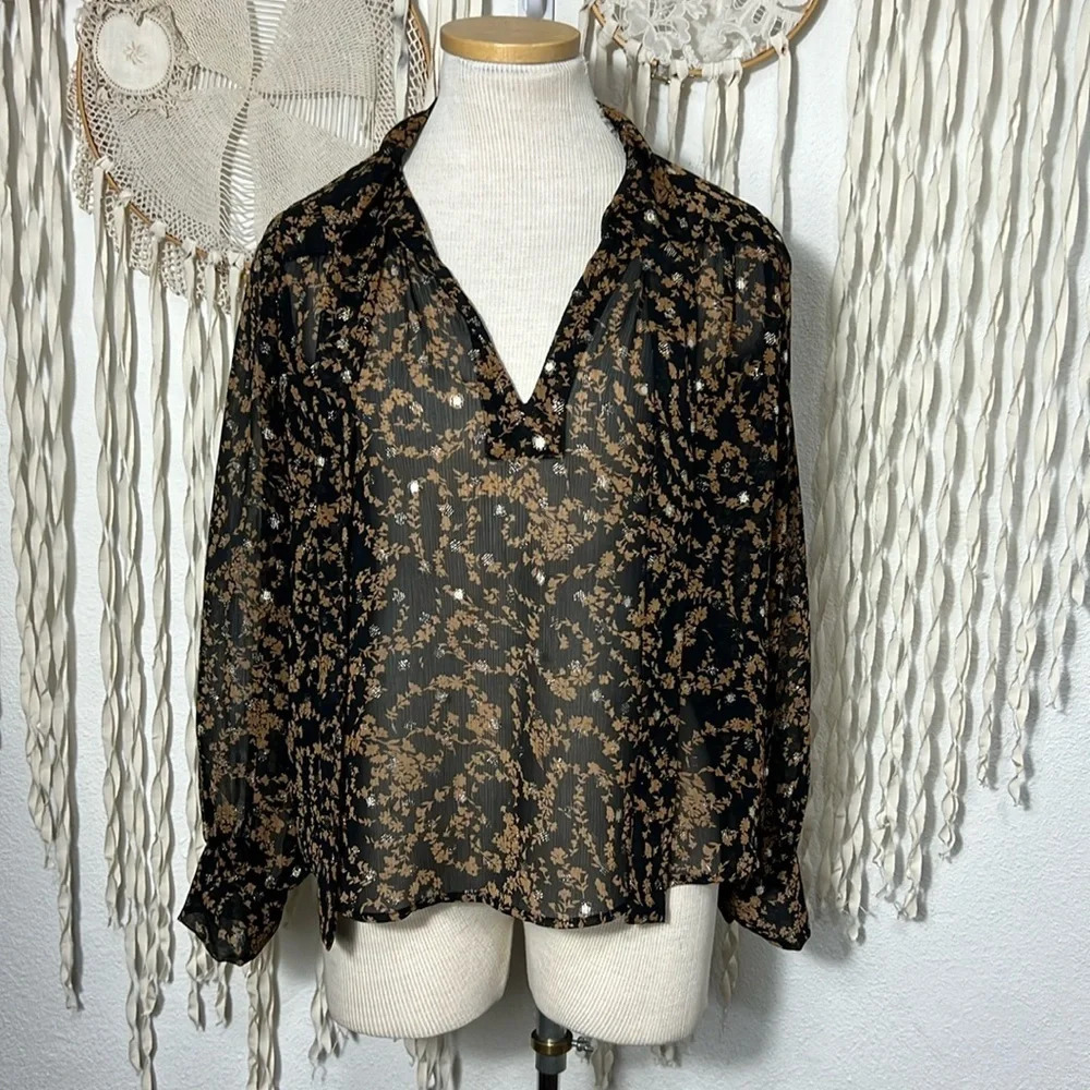 Sabina Musayev Black Brown and Gold Metallic Necktie Blouse Size Small